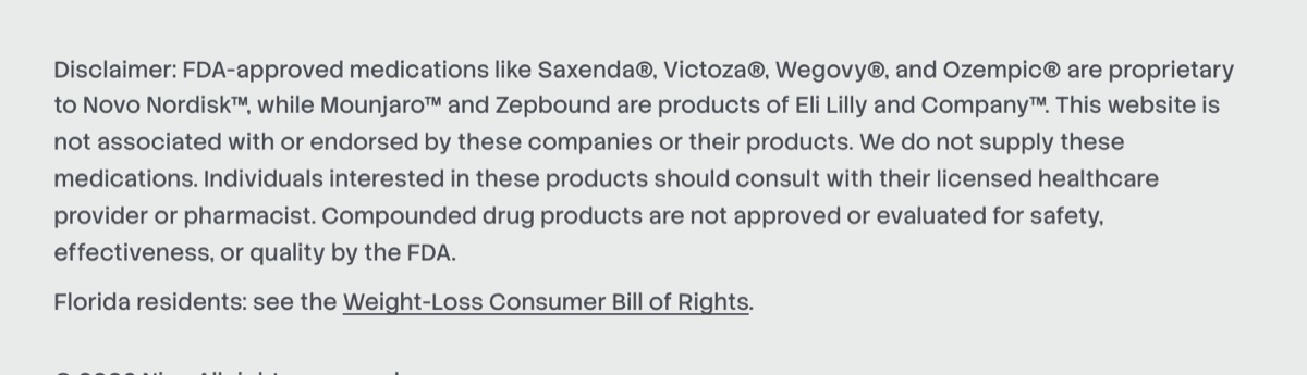 New footer disclaimer naming the branded medications and stating compounded drugs are not FDA evaluated