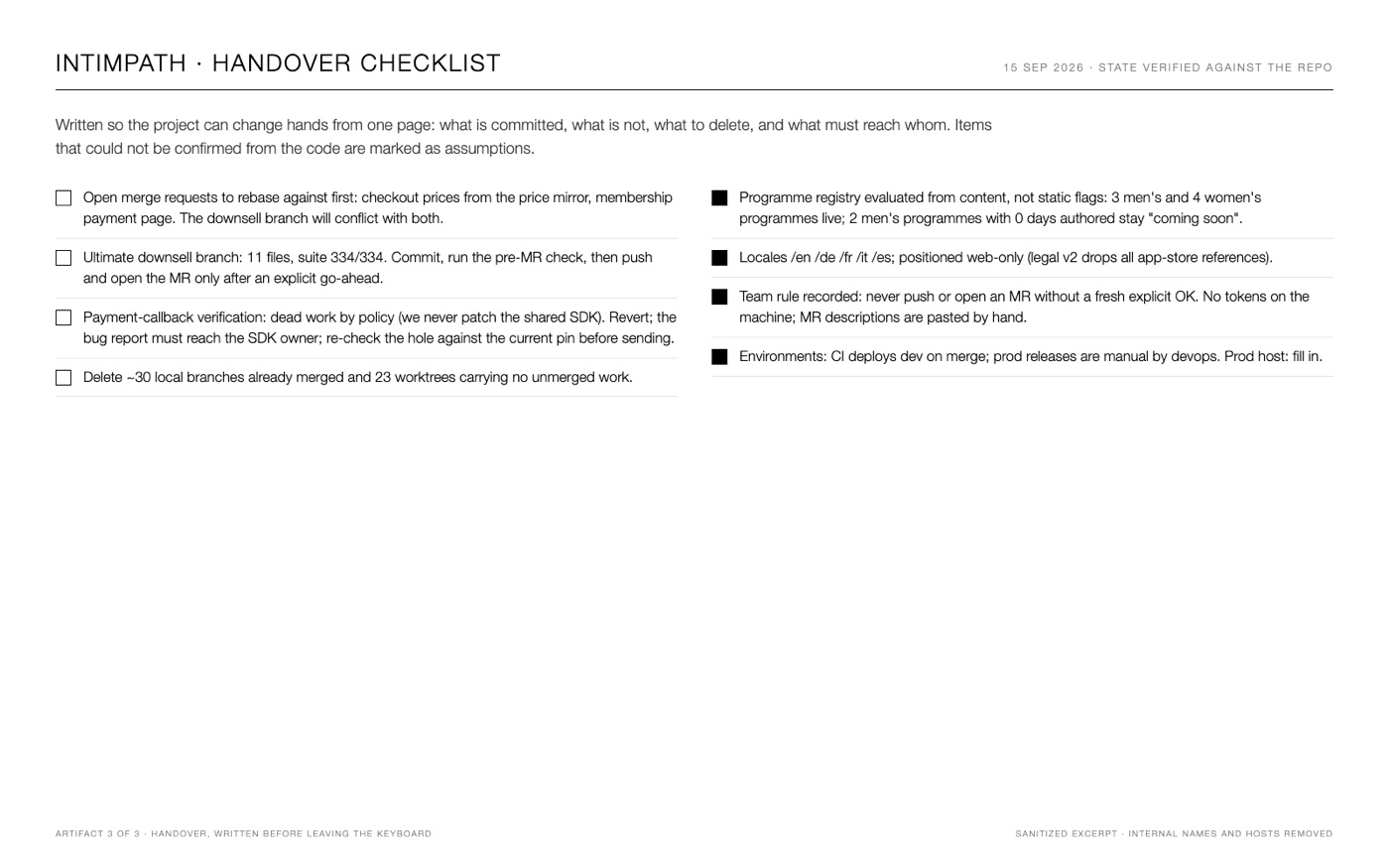 IntimPath handover checklist