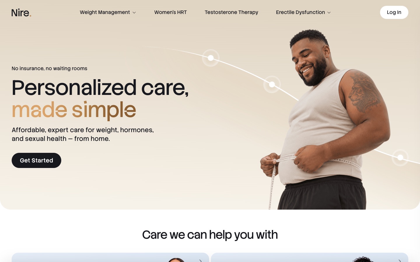Nire home page: 'Personalized care, made simple' beside a hero photo