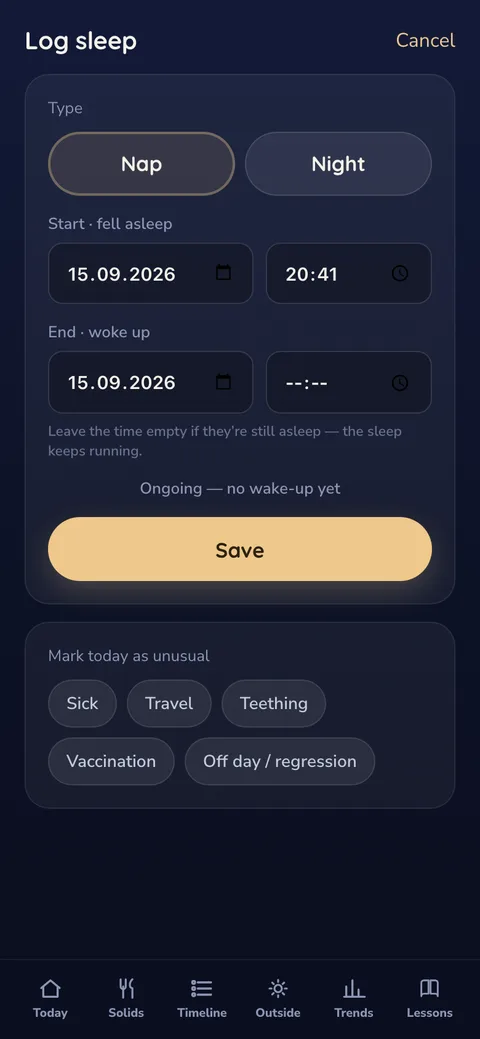 Log sleep screen